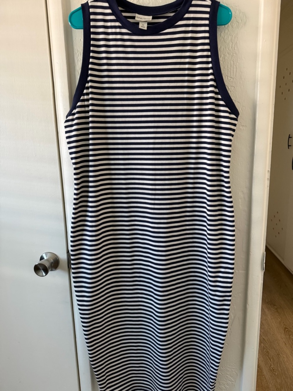 Ava & Viv Navy and White Striped Ribbed Midi Dress